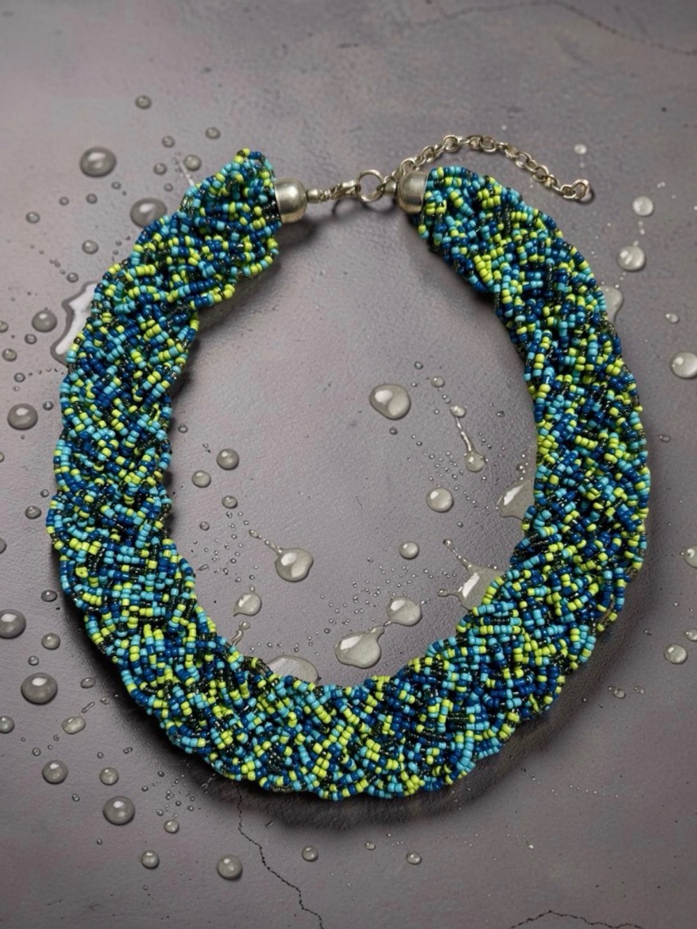 Vintage Handcrafted Blue & Lime Seed Bead Rope Necklace